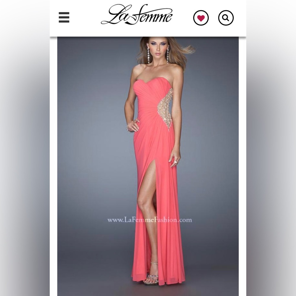 La Femme Hot Coral strapless gown